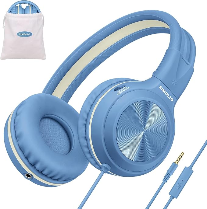 SIMOLIO Manyshare Series- Over-Ear Kids Headphones with Microphone & Share Port, Volume Limited Plug in Headphones Wired, Foldable Corded Stereo 3.5mm Headset for Laptop PC Tablets Travel Boys (Blue) by SIMOLIO