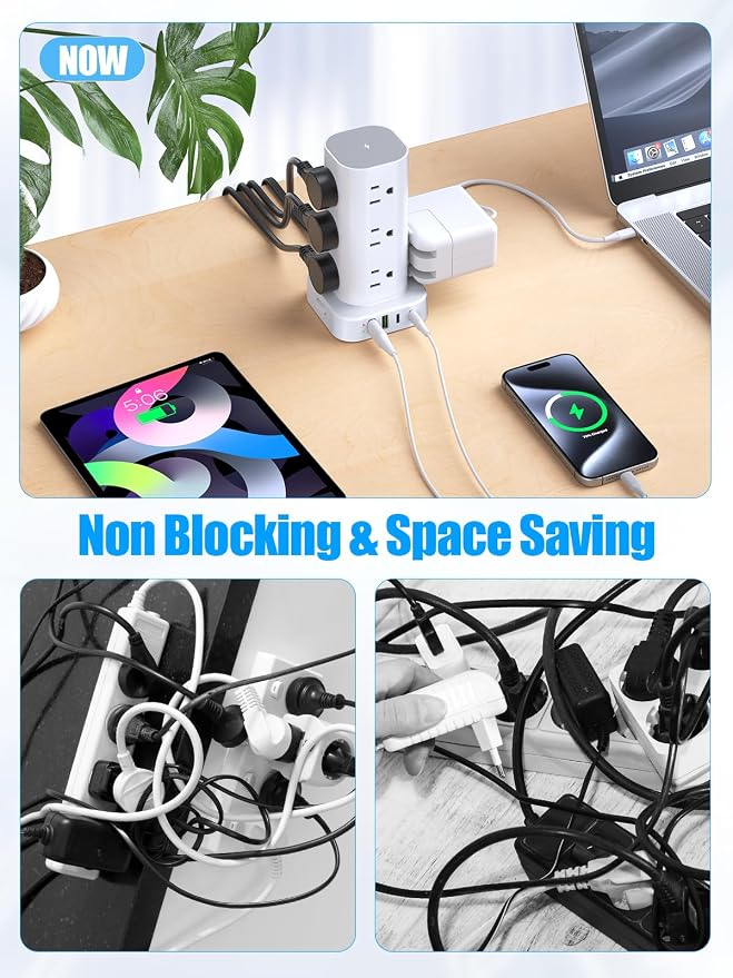 Tower Power Strip with 15W Wireless Charger, 10FT Flat Plug Extension Cord with Multiple Outlets, 12 AC Outlets, 4 USB Ports (2 USB C) Charging Station Surge Protector for Office Home Dorm Room(White) - Image 6