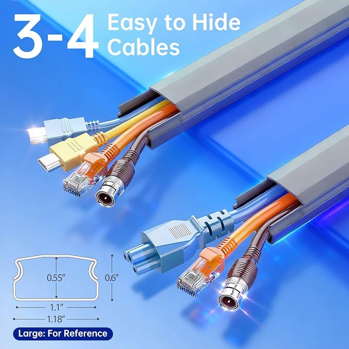 Delamu Grey Cord Hider, 85in Cord Covers for 3-4 Wires on Wall, Large Cable Hider, Premium Wire Covers for Cords on Wall, Easy Set-up Cable Cover Raceway, TV Wire Hiders Wall, W1.18 H0.67in, Grey - Image 2