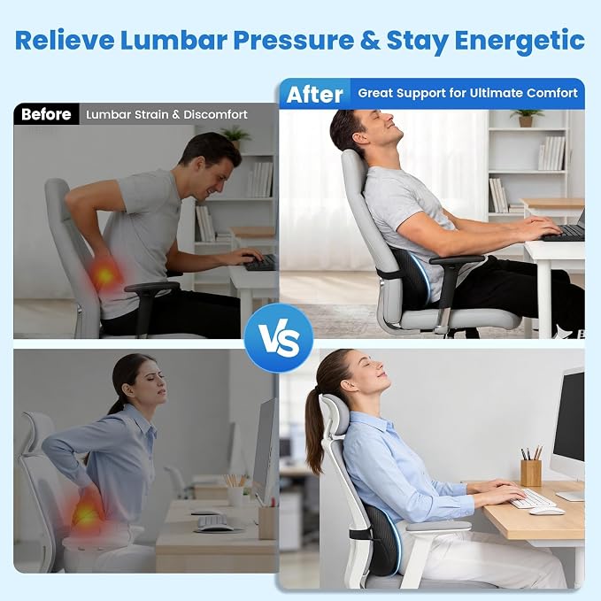 Lumbar Support Pillow, Memory Foam Back Cushion for Office Chair Car, Black | Ergonomic Lower Back Support with Adjustable Strap, Breathable Removable Cover for Couch, Wheelchair and Daily Comfort - Image 7