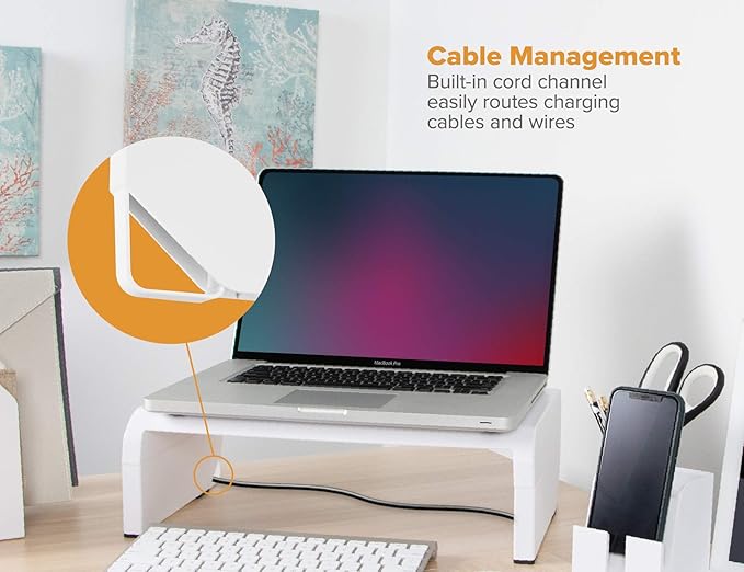 Bostitch Office Konnect Adjustable Monitor Stand Riser, 4 Height Adjustments, Built-In Cable Management, Rubber Feet - White - Image 6