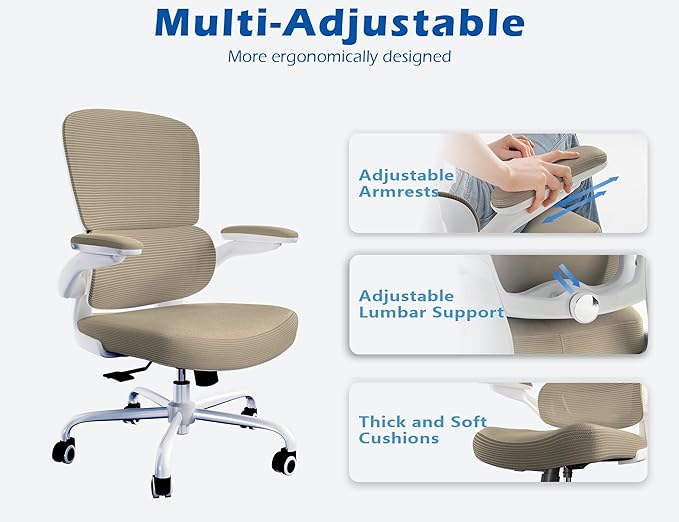 TRALT Ergonomic Office Chair Desk Chair with Adjustable Lumbar Support | Desk Chair Comfy with Flip-up Armrests Ergonomic Chair - Mesh Computer Chairs for Adults, 330lbs, PU Leather (Khaki, 1) - Image 4