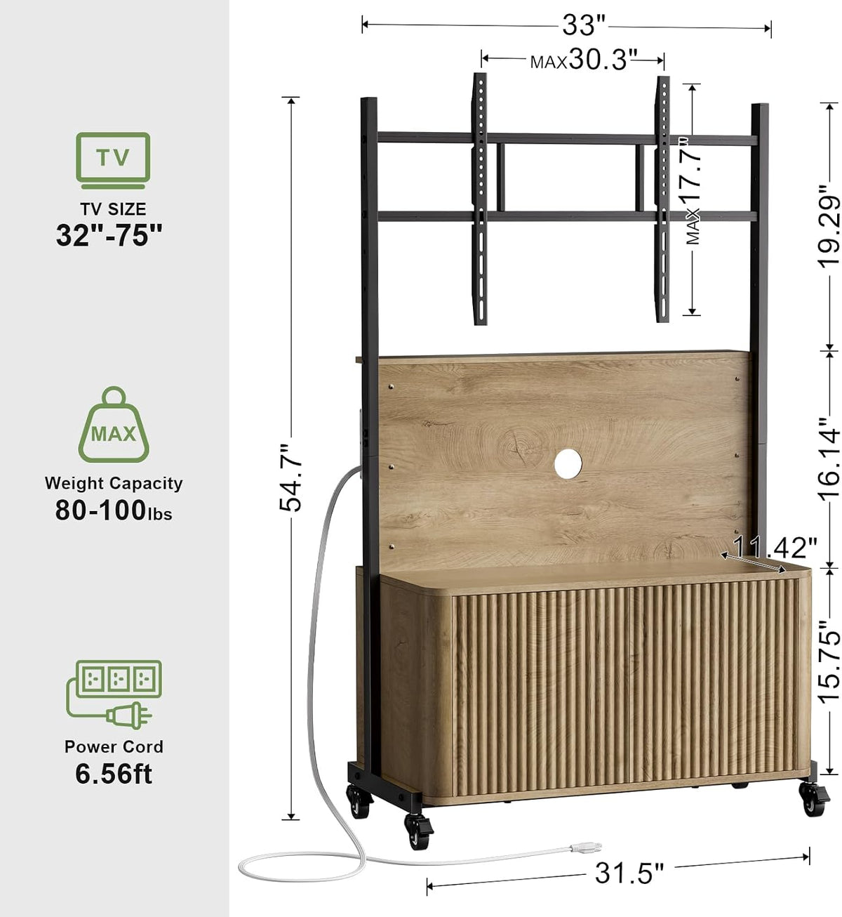 Planimetry Rolling TV Stand with Mount for 32-75 Inch, Wood - Image 5