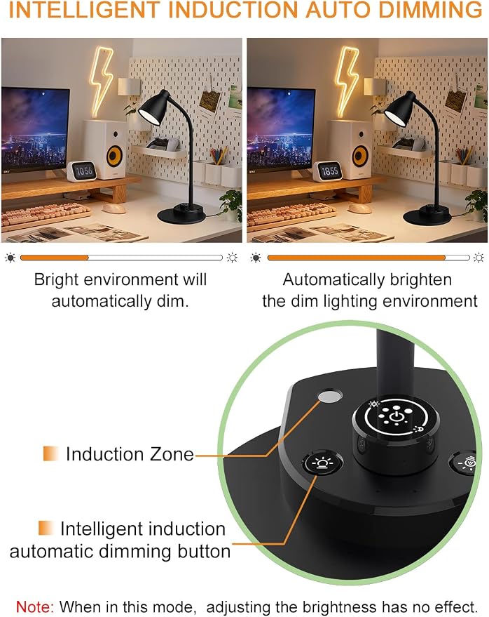 BOHON LED Desk Lamp with USB Charging Port 3 Color Modes Dimmable, Black | Reading Light Intelligent Induction Auto Dimming Task Lamp Neck Flexible Table Lamp for Bedside Office, AC Adapter Include - Image 5