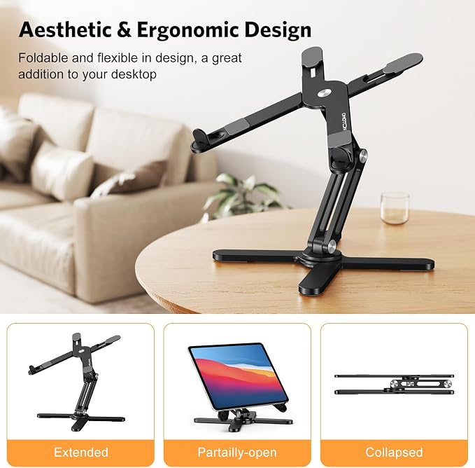 OMOTON LA10 360° Rotating Laptop Stand Riser Foldable for Desk, Black | Aluminium Aolly, Adjustable Height Angles, Collaborative Work, Easy Storage, Fits Laptops up to 17", for MacBook Pro/Air HP - Image 3