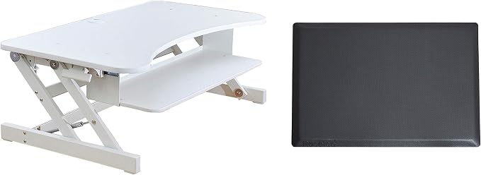 Rocelco 37.5" Deluxe Height Adjustable Standing Desk Converter with Anti Fatigue Mat BUNDLE - Quick Sit Stand Up Computer Workstation Riser - Large Retractable Keyboard Tray - White (R DADRW-MAFM) by Rocelco