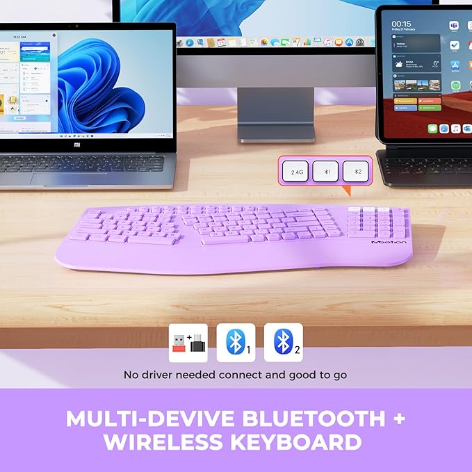 MEETION Wireless Ergonomic Keyboard, Split Design with Wrist Rest, Purple | Comfortable split keyboard with Bluetooth connection, rechargeable and wrist rest, ideal for home office and computer use - Image 2