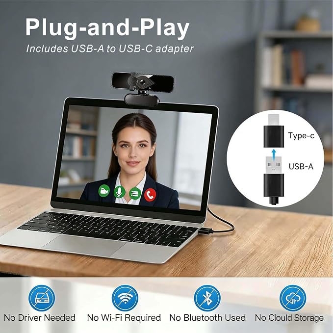 4K Webcam with USB C Adapter Privacy Cover Microphone for PC Mac Laptop | 4K UHD for Zoom/Teams. Privacy shutter, 1-sec close. Noise-canceling mic. USB-C/USB-A plug & play. Works with PC/Mac/ apps. - Image 4
