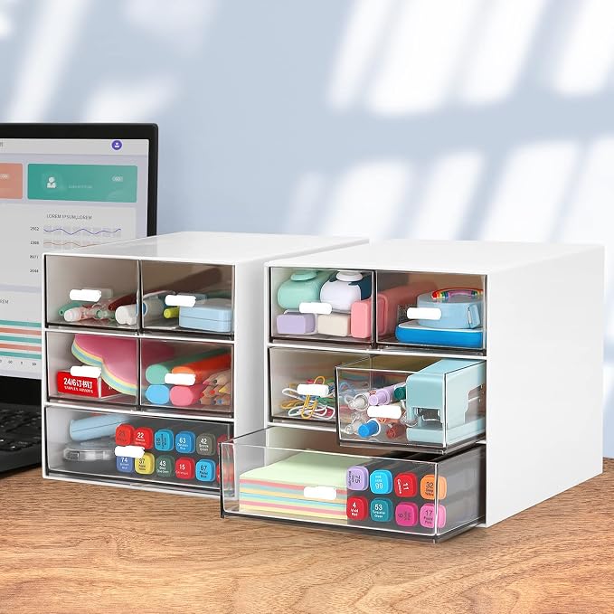 Desk Organizer with 5 Drawers, Rectangular Office Stationery Supplies Desktop Drawers, Plastic Makeup Storage, Suitable for Office, School, Home (White & 5 Drawers) - Image 2