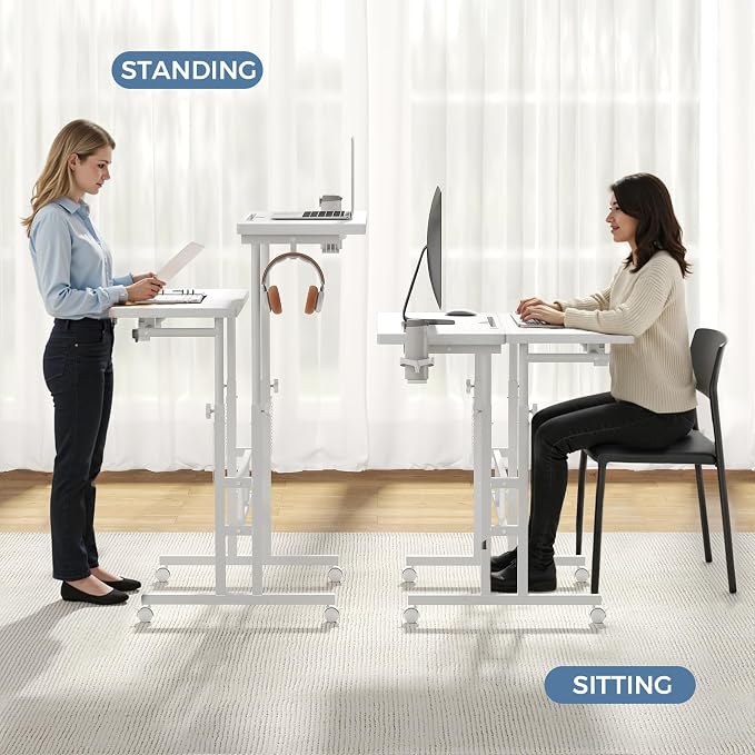 DUMOS Rolling Standing Desk, Sit Stand Desk, Computer Cart | Manual Height Adjustable, Split Top Mobile, Laptop Workstation, Portable Home Office, Walking Pad Study Surface, White - Image 6
