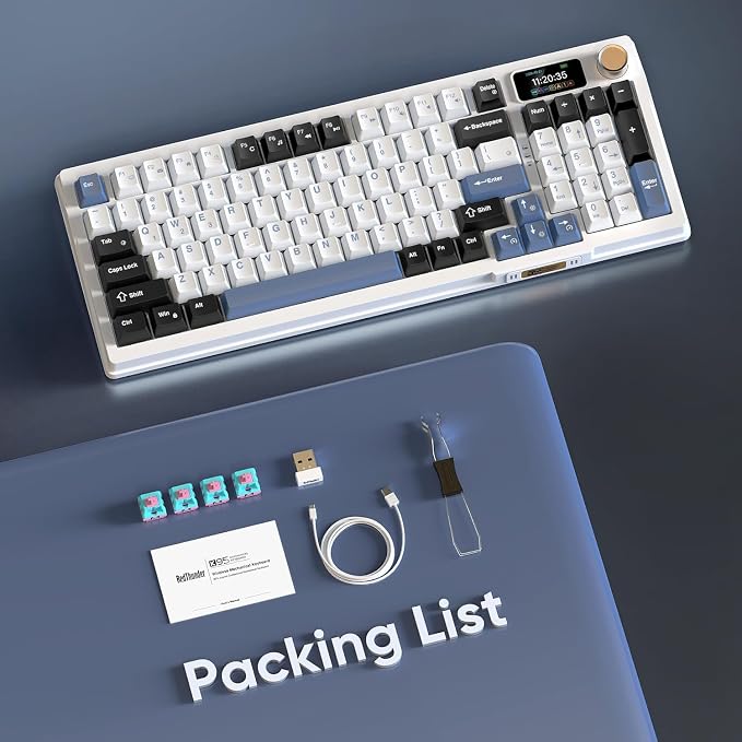 RedThunder K95 Wireless Mechanical Keyboard, TFT Screen & Knob, Tri-Mode BT5.0/2.4GHz/USB-C Hot Swappable Custom, Pre-lubed Linear Switches, Gasket Structure, RGB Gaming Keyboard, Snowy White-Blue - Image 5