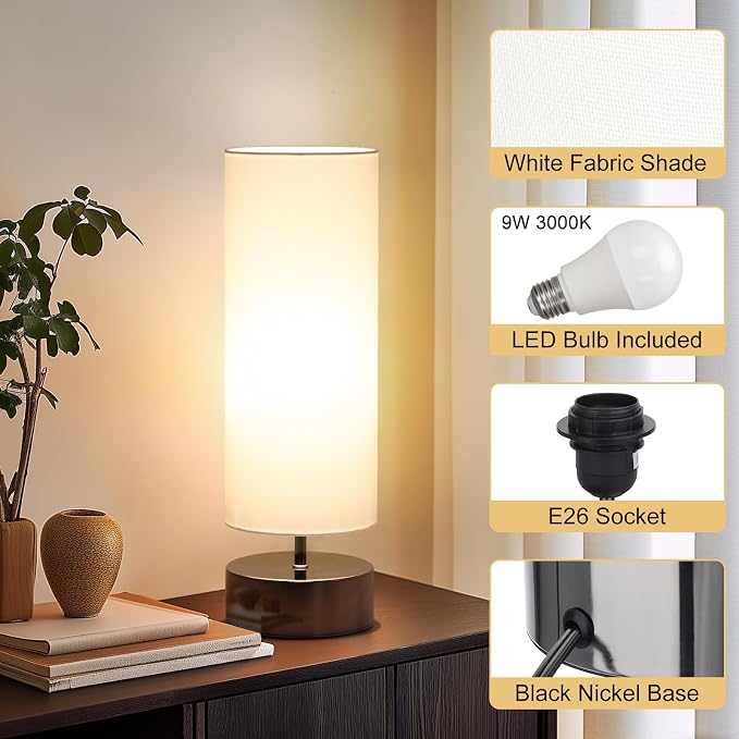 Touch Table Lamp, 3-Way Dimmable Bedside Lamp with Cylinder Fabric Shade | Modern Minimalist Accent Nightstand Desk Lamp, Night Light for Bedroom Living Room Kitchen, LED Bulb Included - Image 7