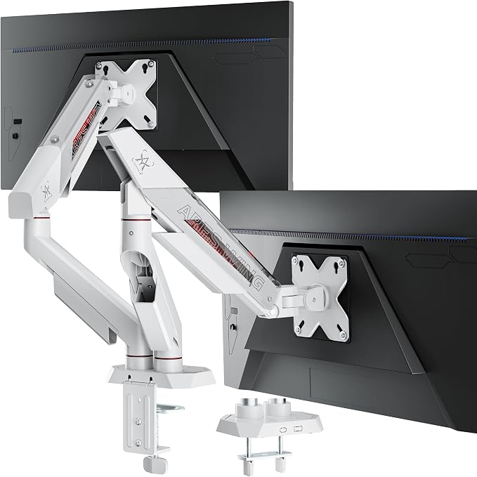 ARES WING Dual Monitor Arm for 17-35 Inch Flat Curved Screens, White | Fully Adjustable Monitor Mount for Ultrawide Screens up to 26.5lbs, C-Clamp & Grommet Base, 75/100 Vesa Mount by ARESWING