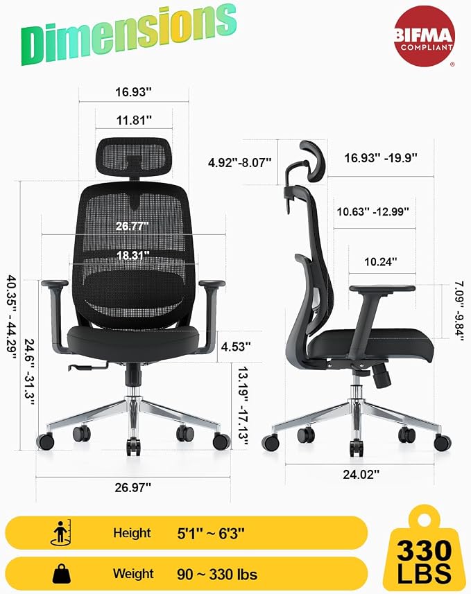 Ergonomic Office Chair, High Back Mesh Chair with Lumbar Support, Ultimate Back Support Office Desk Chair, Comfortable Computer Chair & Gaming Chair for Office & Home, Black - Image 2