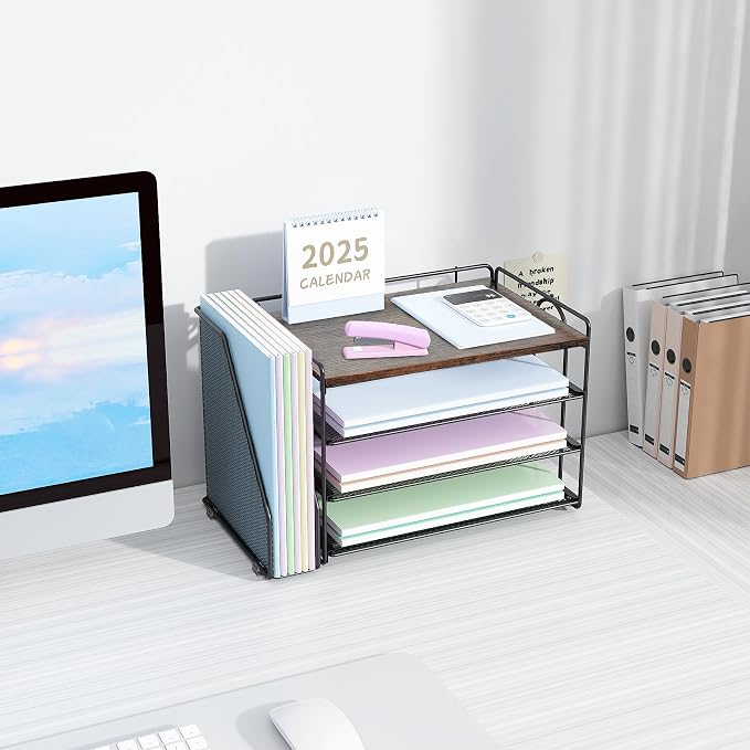 Spacrea 4 Tier Paper Organizer for Desk with File Organizer | Desk Organizers and Accessories Desk Accessories & Workspace Organizers for Office Supplies (Wood) - Image 7