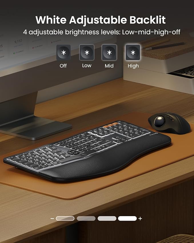 ProtoArc EK01 Plus Backlit Bluetooth Ergonomic Keyboard, Full Size, Black | Adjustable brightness, split design, cushioned wrist rest, connect 3 devices via Bluetooth/2.4G, 2000mAh USB-C rechargeable. - Image 3