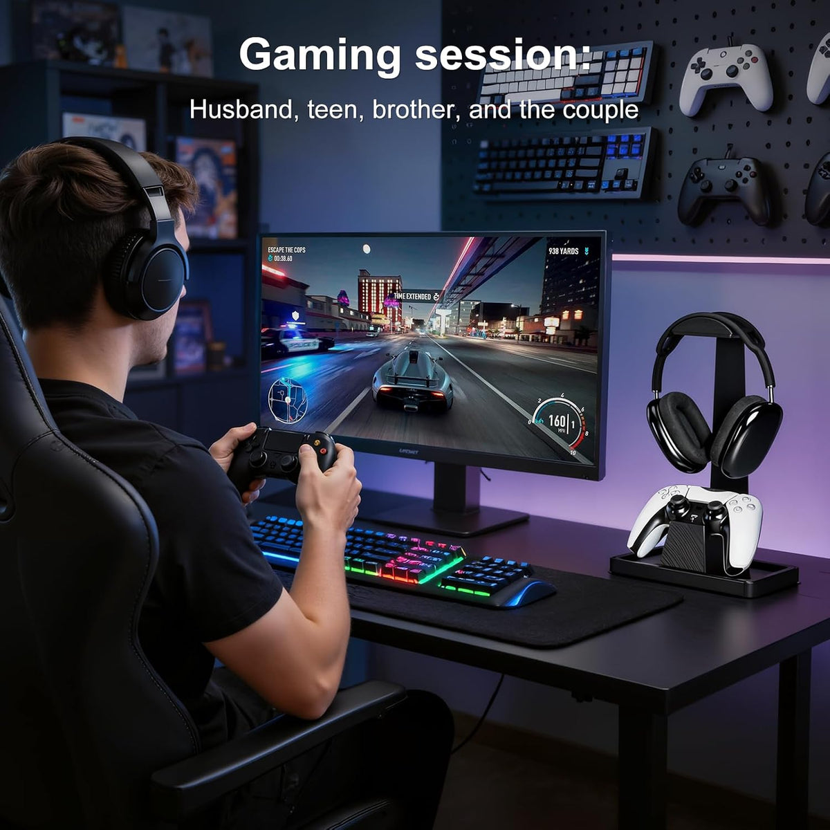 UPERGO Solid Wood Headphone Stand with Controller Holder for Desk - Image 6
