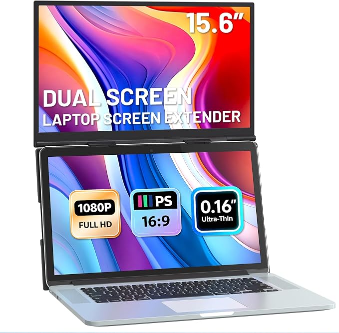 Laptop Screen Extender, 15.6" Ultra-Light & Thin Dual Monitor Extender with 1080P FHD IPS, Eye Care & Neck-Friendly, USB-C/HDMI Plug-Play Portable Monitor for Mac/Win/Android, Fits 13-17" Laptops by Unknown