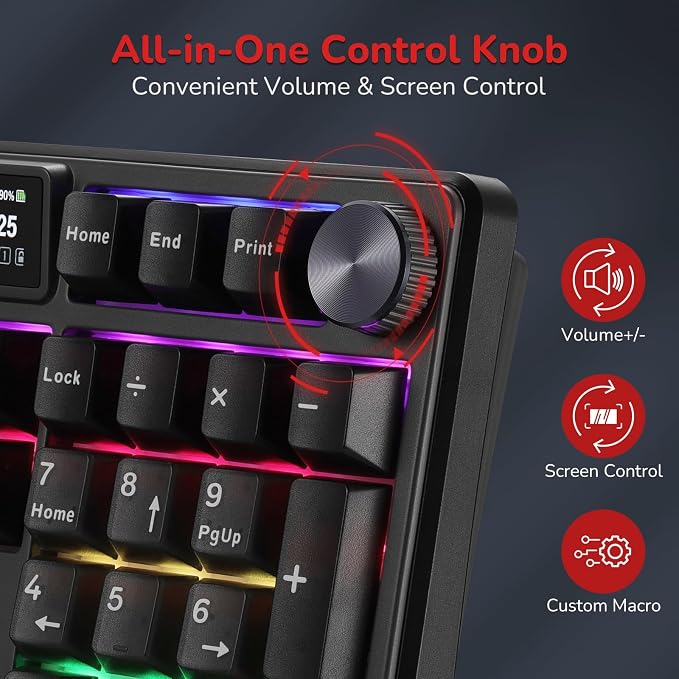 RK ROYAL KLUDGE S104 Wireless Mechanical Keyboard with Screen & Metal Knob | 101 Keys Full Size Top Mount RGB Gaming Keyboard, 8000mAh Battery, Tri-Mode BT/2.4GHz/USB-C, Hot Swap Custom Linear Switch - Image 5