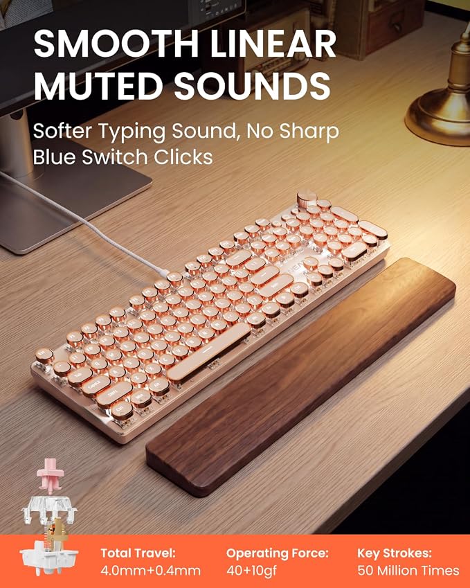 EWEADN Wired Typewriter Mechanical Keyboard, Low Noise Pink Switch Retro Punk Keyboard with Media Knob, White Backlit, Metal Panel, 104-Key Round Keycaps Cute Keyboard for Windows PC- Rose Gold - Image 2