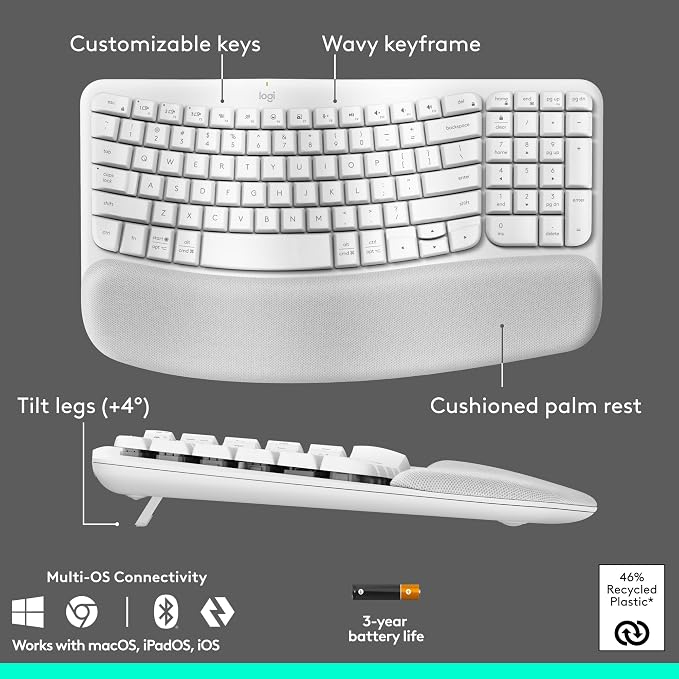 Logitech Wave Keys and Lift Vertical Mouse Combo with Palm Rest - Off-White | Cushioned palm rest, Easy-Switch, Bluetooth, compatible with Multi-OS, designed for Windows and Mac, vertical design - Image 6