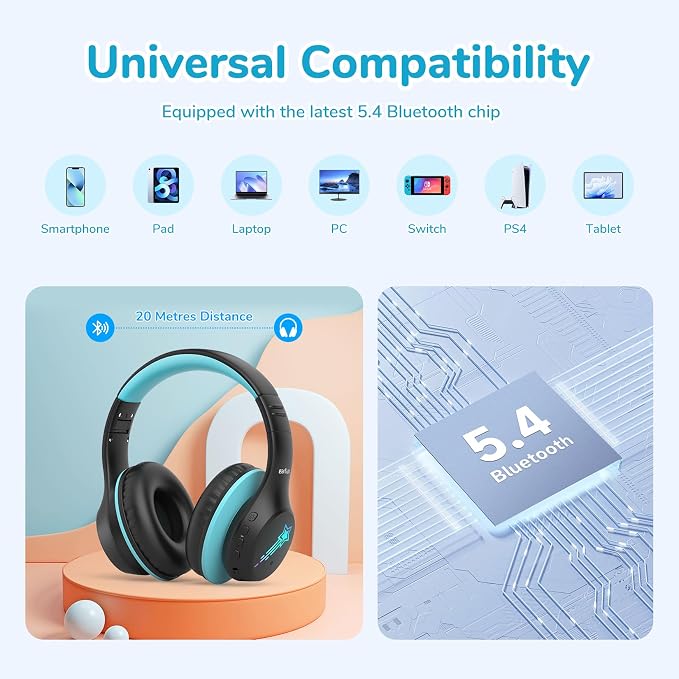 EarFun K4 Kids Bluetooth Headphones, Wireless Headphones with Lights, Black | 74/85/94dBA Volume Limited, Built-in Mic, 90H Playtime, Bluetooth 5.4 Over Ear Headphone for iPad/Tablet/School, Dark Black - Image 8