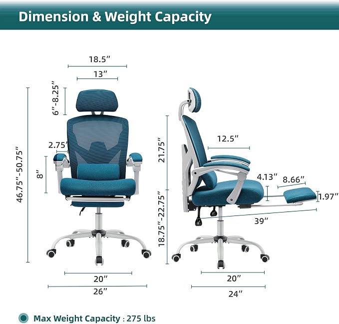 DUMOS Home Office Desk Chair with Footrest, High-Back Mesh Rolling Swivel Reclining Chairs with Wheels, Comfortable Headrest, Lumbar Support, Comfy Arms for Home, Office, Gaming, Student, Elegant Blue | High-Back Mesh, Rolling Swivel Wheels, Comfortabl... - Image 2