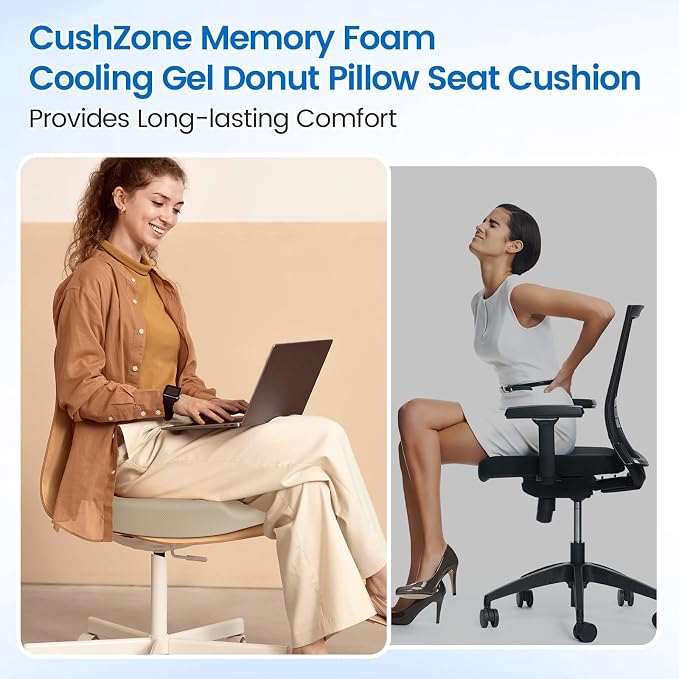 Donut Pillow Seat Cushion, Cooling Gel Memory Foam Chair Cushion, Khaki | Office, Home & Car Seat Cushion, Butt Pillow for Tailbone Pain Relief, Hemorrhoids and Everyday Sitting Comfort - Image 4