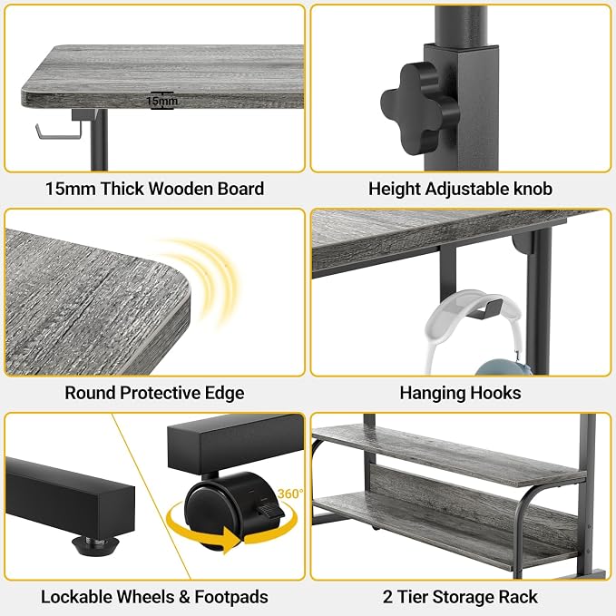 39" Height Adjustable Standing Desk with Power Outlets - Manual Rolling Stand Up Desk with Wheels Small Portable Computer Desk Mobile Laptop Table with Storage Shelves for Home Office, Grey Oak - Image 5