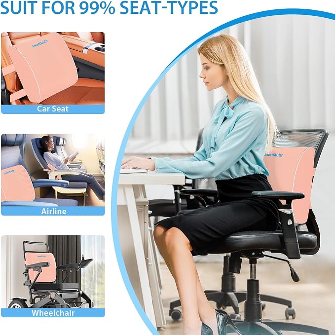 SweetSlubr Lumbar Support Pillow for Office Chair, Back Support(Pink,Large) | 3.9" Thick, Memory Foam, Adjustable Straps, Machine Washable Mesh Cover, Lower Back Pain Relief for Office, Car & Gaming - Image 7