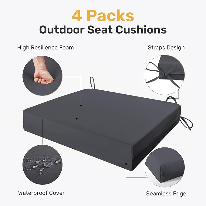 UNIKOME Outdoor Chair Cushions Pack of 4, Water Resistant Patio Cushions with Ties, High Density Sponge Filling Square Corner Seat Cushions for Outdoor Furniture, 18.5"*16"*3", Grey - Image 2