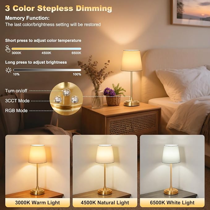Wowag Cordless Table Lamp Rechargeable,5000mAh Battery Operated Desk Lamp,3 Colors & 7 RGB Stepless Dimmable,Touch Control Ambient Light for Bedside,Bedroom,Dining Room,Living Room,Gold,WhiteShade - Image 2