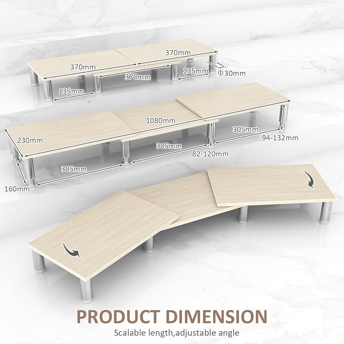 Dual Monitor Riser - Adjustable Length & Angle, Wooden Stand for 2 Monitors with Storage - Image 4