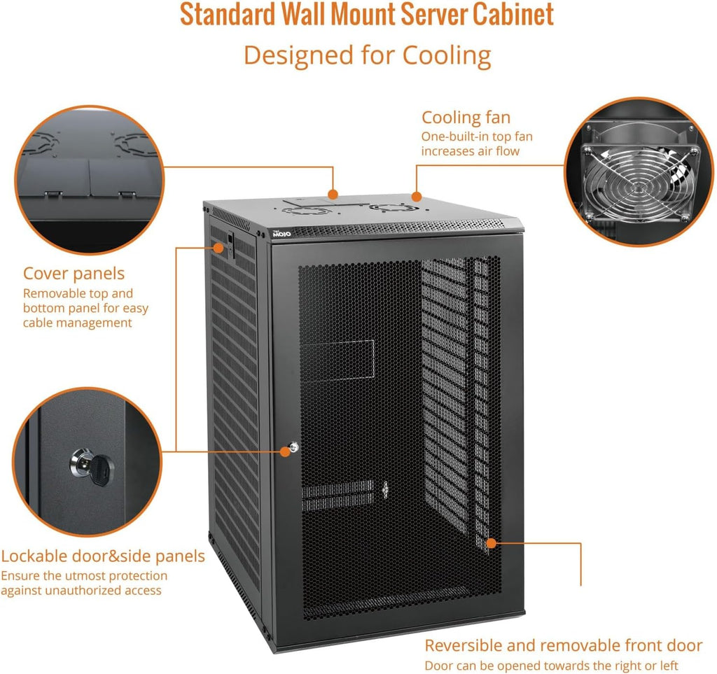 Tecmojo 18U Wall Mount Rack Network Cabinet for 19" IT Equipment,with Lockable Mesh Door and Side Panels,Cooling Fan,Black,17.7inch Depth for AV/Computer/Electronics Equipment Data Rack - Image 3