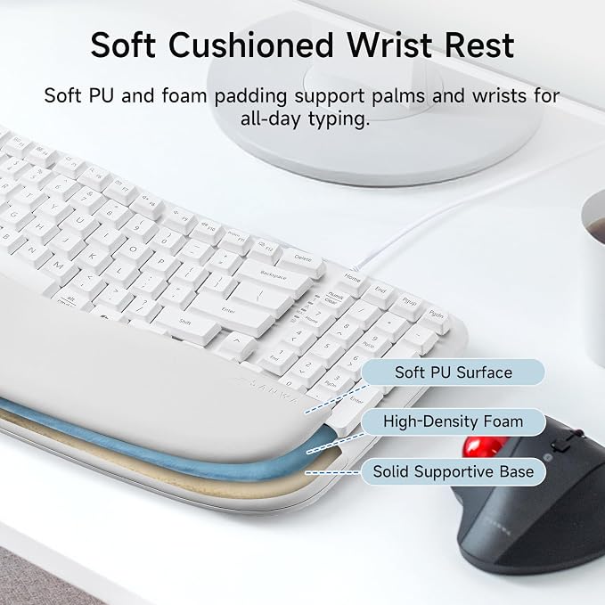 SANWA Wired Ergonomic Keyboard, Curved Wave Keyboard with Cushioned Wrist Rest, Compact Full-Size Layout, USB-A & C Port, 13 Shortcuts Keys, Natural Typing, Compatible with Win/Mac, Laptop, PC, White - Image 4