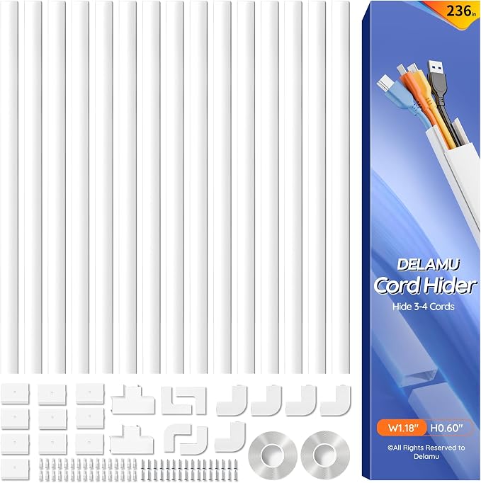 Delamu 236in Cord Hider, Professional Cable Cover Kit for Wall, TV Wire Hider for Wall Mounted TV, Raceway Cover on Management Wires, Cable Concealer, 1.18'' H x 0.60'' W, White by DELAMU