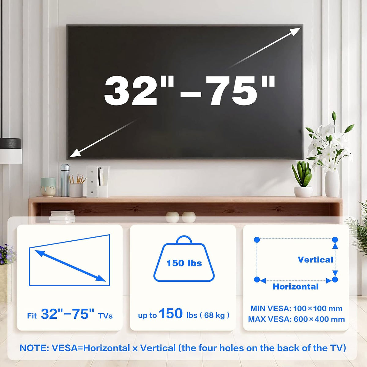 No Stud No Drill TV Wall Mount for 32-75 Inch TVs up to 150 lbs - Image 2