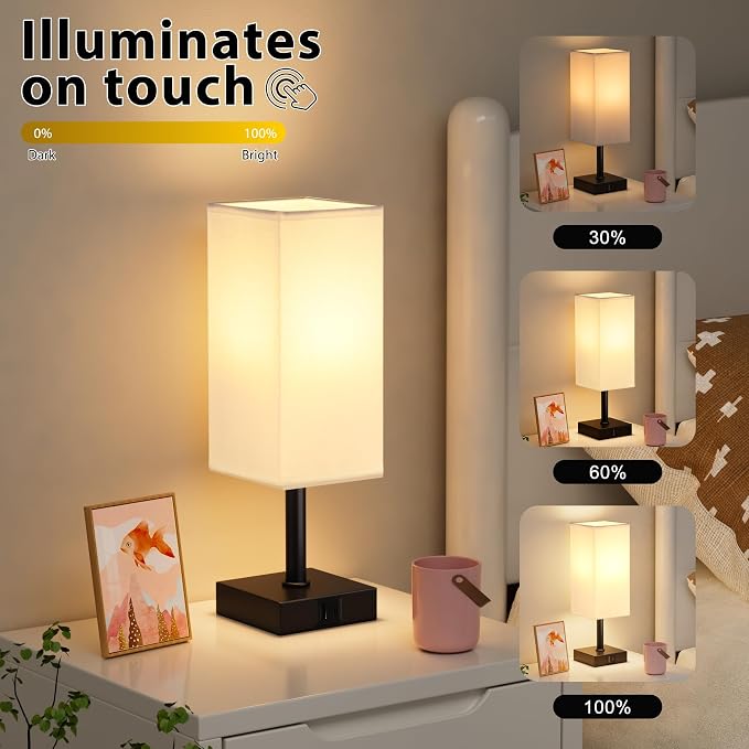 Touch Table Lamp for Bedroom - Dimmable, USB C+A, White Lamphade Black Base | 3-Way Dimmable, 3000K LED Bulb Included, Square Lampshade, Cute Room Decor for Teen Girls, Kids, Small Lamp for Dorm, Nursery - Image 4