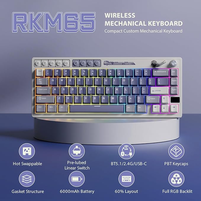 RK ROYAL KLUDGE M65 Wireless Mechanical Keyboard with Volume Knob, 60% Tri-Mode Gaming Keyboard 2.4G/BT/USB-C, Gasket Mount, Battery Display, PBT Keycaps, Hot-Swappable Beige Switch, Blue - Image 2
