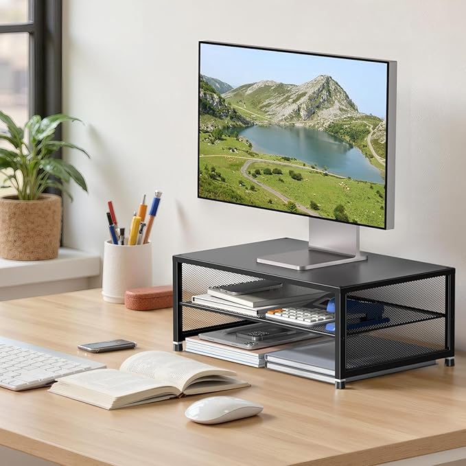 ECOLOVI 2-Tier Computer Monitor Stand Riser, Printer & Laptop Stand, Office Desk Accessories, Workspace Desk Organizer for Home Office Supplies, Black - Image 2