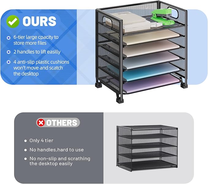 Simple Trending 6-Tier Paper Tray Organizer, File Organizer for Desk, Black | Letter Tray Holder with Handle. Sturdy Metal Frame. Non-slip Feet. Black for Office Home School. 13"L x 8.75"W x 14.6"H - Image 4