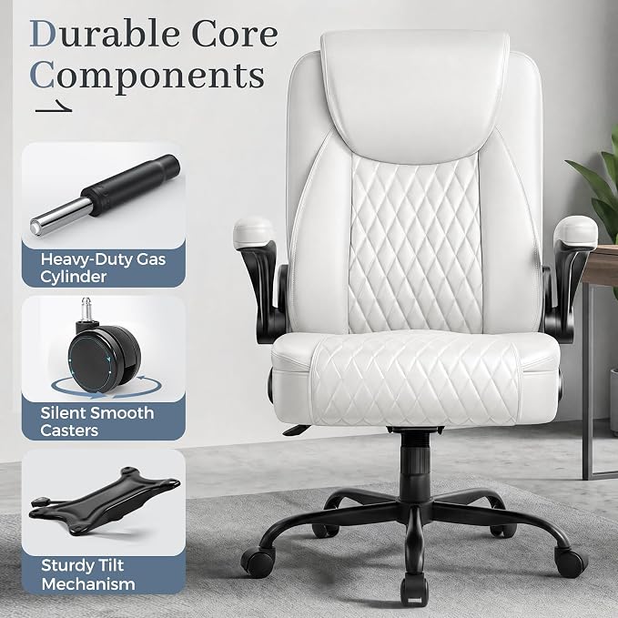 GTPOFFICE Executive Office Chair with Comfortable Lumbar Support, Ergonomic Gaming Chair with Flip-up Armrests & Zoned Pressure-Relief Cushion, Comfy PU Leather Desk Chair, White - Image 10