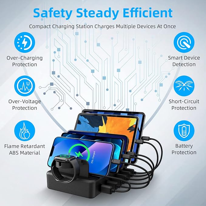Charging Station for Multiple Devices, 50W 6 Ports USB Charger Station | with Apple Watch Holder & 6 Cables, for iPad Cellphone Kindle Tablet and Other Electronic, 1 USB-A to USB-C Adapter Converter - Image 4