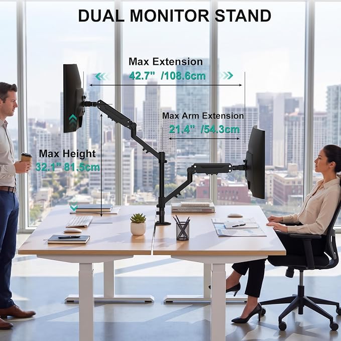 WALI Vertical Dual Monitor Mount for 13-40 inch Screens, up to 26.4 lbs | Stacked Dual Monitor Stand, Full Motion with Tilt, Swivel, Rotation, C-Clamp/Grommet Base, VESA 75/100mm (GSDM002M), Black - Image 3