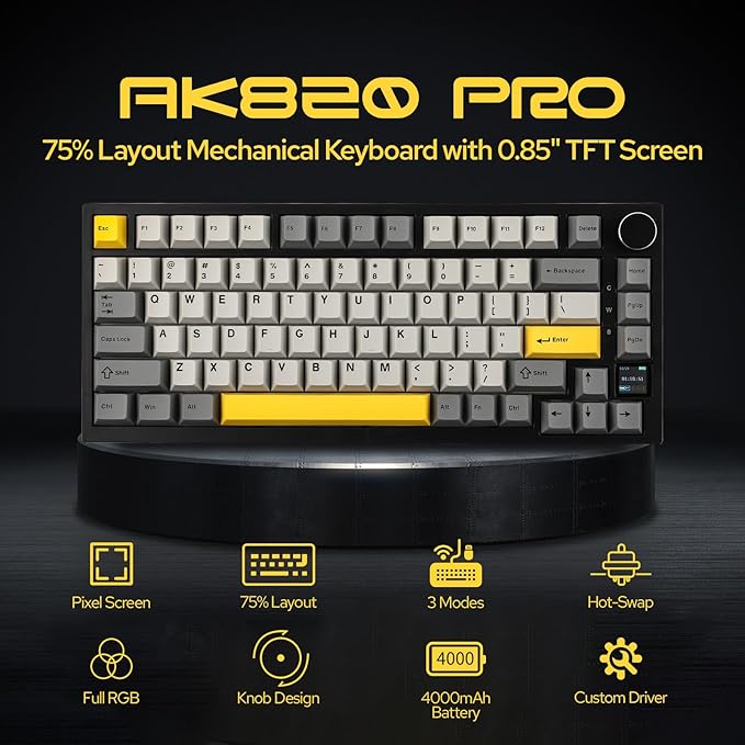 EPOMAKER Ajazz AK820 Pro Wireless Mechanical Keyboard with TFT Display&Knob | 75% Gasket-Mounted Gaming Keyboard, BT/2.4GHz/USB-C Wired, Creamy Keyboard for PC/Mac (Grey, Gift Switch) - Image 2