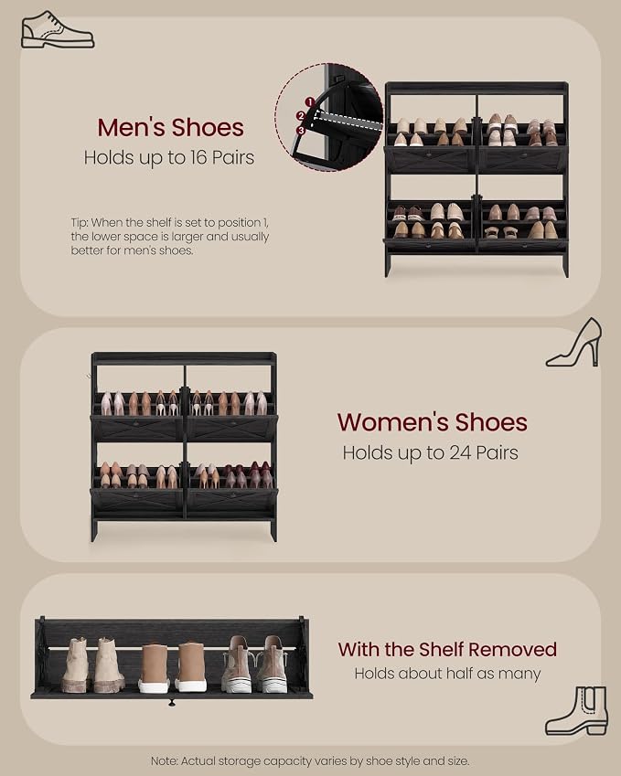 VASAGLE Narrow Shoe Storage Cabinet Organizer with 4 Flip Drawers | Freestanding Shoe Rack, Fits 16 to 24 Pairs, for Entryway, Farmhouse Style, Smoky Black, HANIS Collection UHSC403BJ01S - Image 5