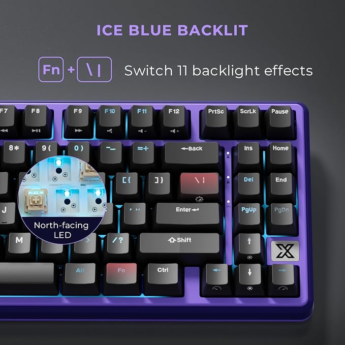 RK ROYAL KLUDGE X87 Mechanical Keyboard 75% Wired Keyboard Gaming with 86 Keys, Gasket Mount, Ice-Blue Backlight, Purple Shell Design, Software Support, Hot-Swappable Creamy Switch Black - Image 6