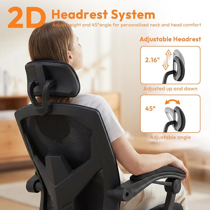 Desk Chair with Foot Rest, High-Back Mesh Office Chair with Wheels, Black | Reclining Gaming Chair with Headrest and Adjustable Lumbar Support, 90°-130° Reclining, for Home Office and Gaming - Image 6