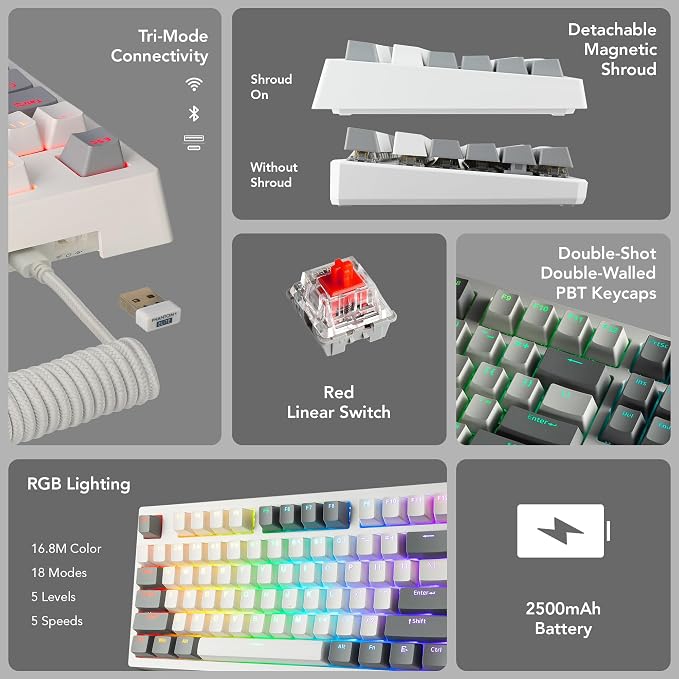 TECWARE Phantom+ Elite 87 Key RGB Mechanical Gaming Keyboard | 3 Mode Wireless Bluetooth 5.0 2.4GHz & USB C Wired | Hot Swappable 5 Pin | Double Shot PBT Keycaps | Wraith Red Switch - White - Image 3