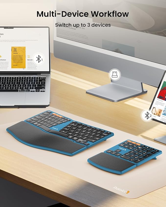 ProtoArc Wireless Ergonomic Keyboard with Separate Number Pad - Blue | 2.4G and Dual Bluetooth, Hard Palm Rest, Split Design, Rechargeable, Compatible with Windows, Mac - Image 4